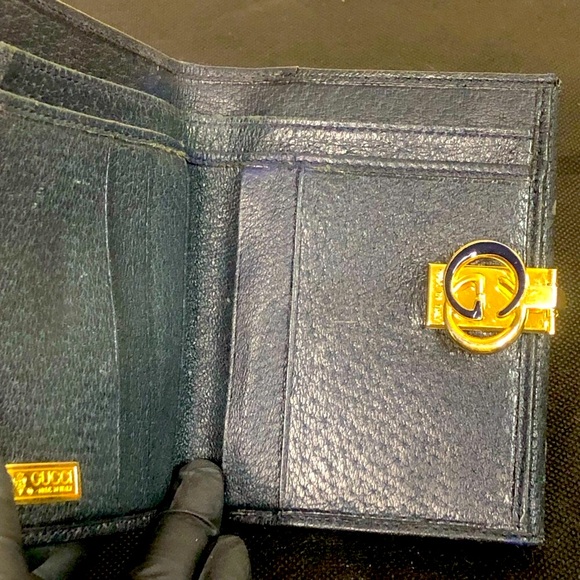 GUCCI GG Monogram Navy Blue Leather Coated Canvas Compact Bifold Wallet Vintage - Picture 6 of 17